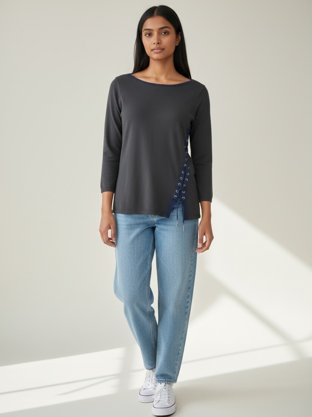 White House Black Market Dark Navy Lace-Up Side Detail Top